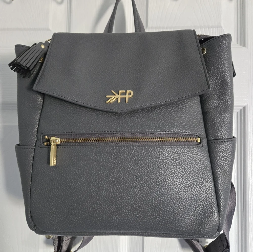 Freshly Picked Charcoal Gray Leather Diaper Backpack with Gold Hardware